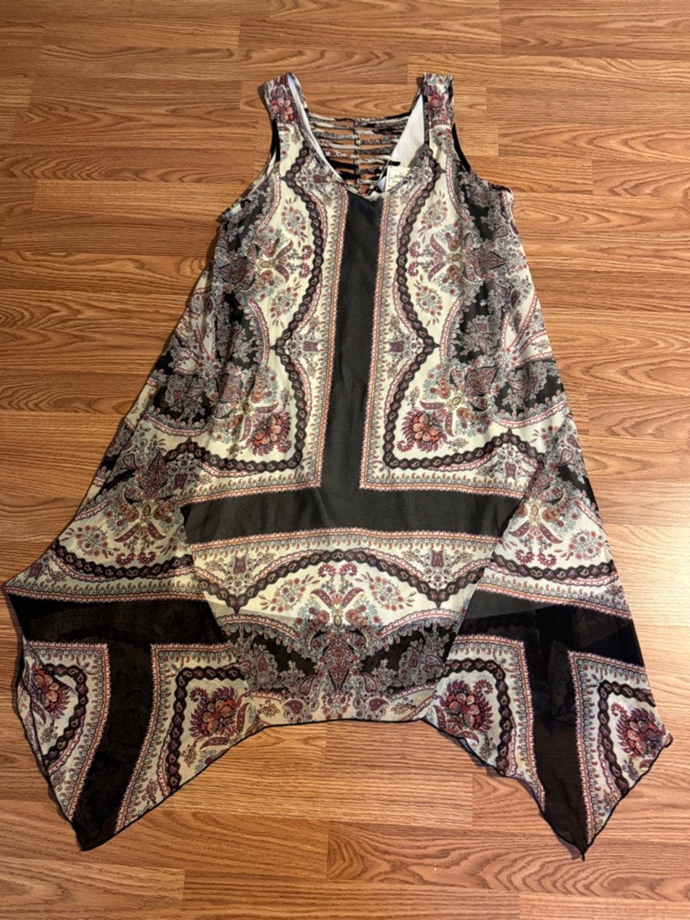 Asymmetrical Paisley Tank Dress in Cream and Brown - Picture 9 of 11